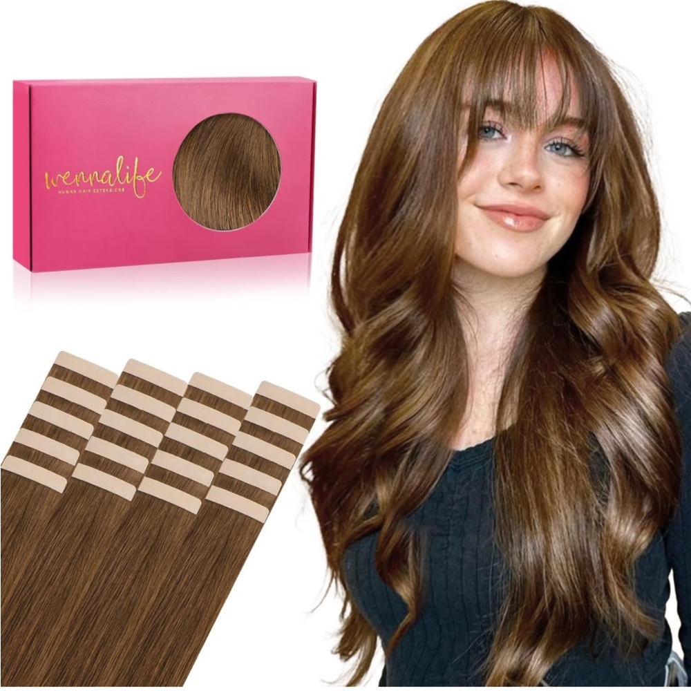 WENNALIFE Tape in Hair Extensions 20pcs 50g 24 inch Light Auburn Brown Remy Hair